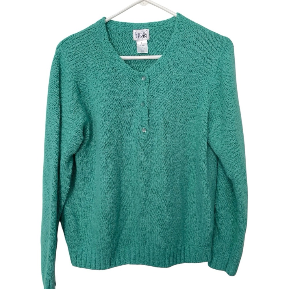 Vintage Leon Levin Large Teal Green Sweater 100% Acrylic Granny Core 90s Stretch